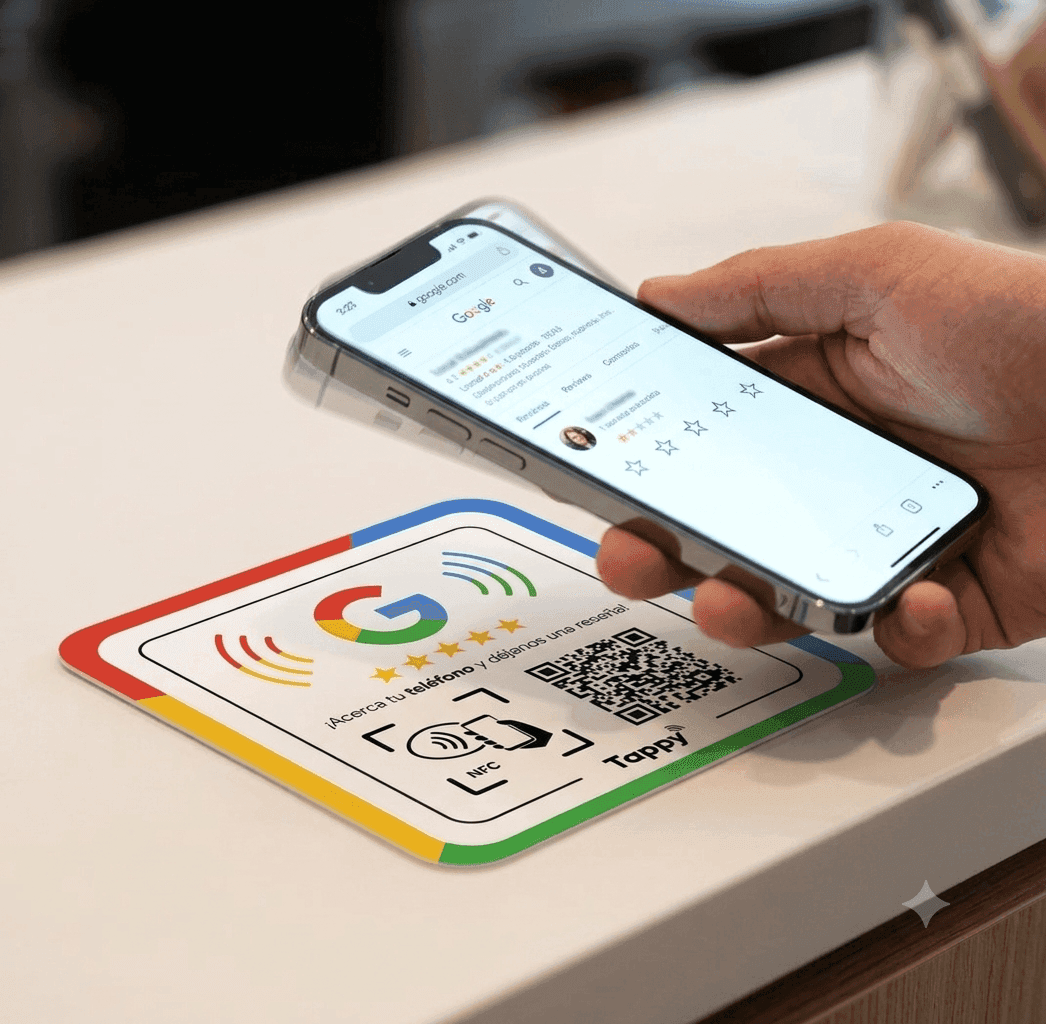Cliente acercando su teléfono a la placa NFC Tappy de Google Reviews