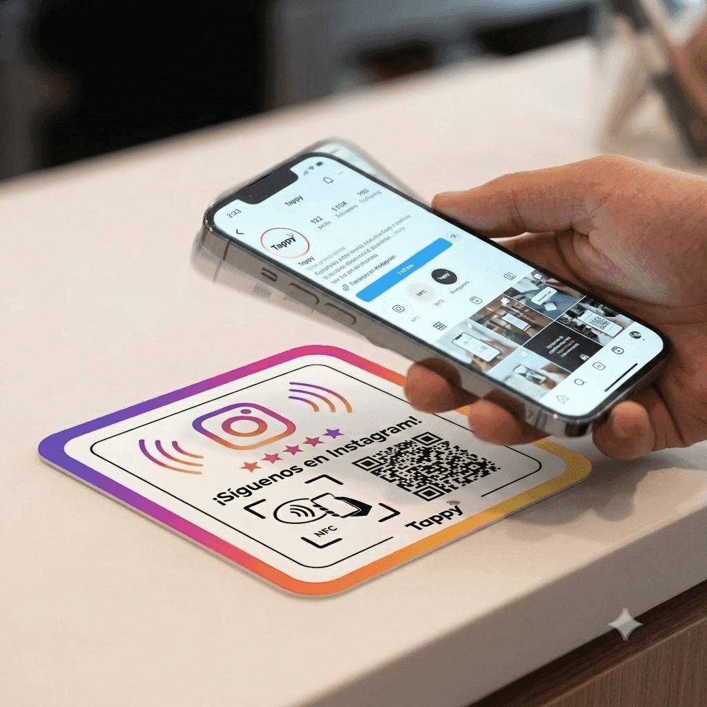 Cliente acercando su teléfono a la placa NFC Tappy de Instagram
